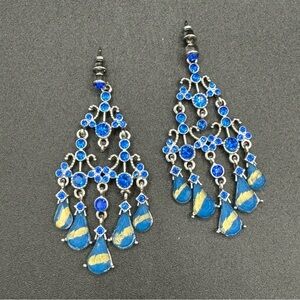 Blue Foil and Gold Accent Statement Chandelier Earrings - Pierced